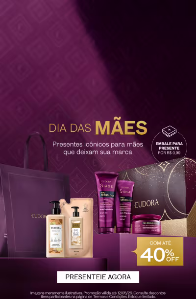 O banner apresenta uma mulher segurando duas caixas, com a mensagem "Dia das Mães" e uma oferta de 40% de desconto.