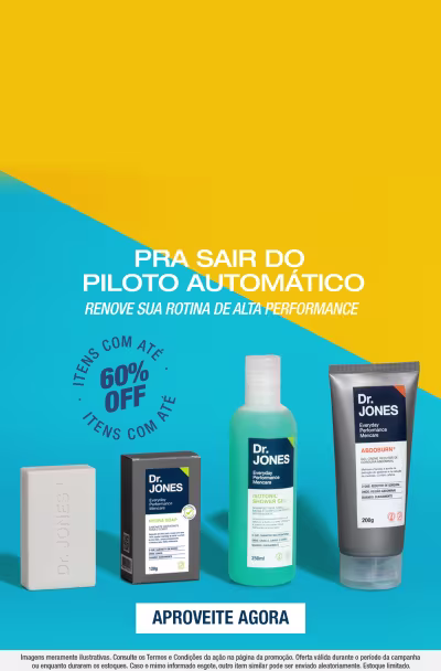 Quatro produtos Dr. Jones em frascos e tubos sobre fundo azul e amarelo. e texto destcando oferta: "itens com até 60% off"