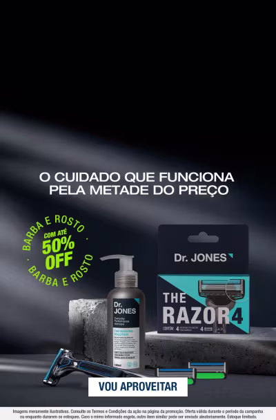 O banner contém cores escuras e produdos de cuidados de barba e rosto apresenta promoção de produtos de barba e rosto com até 50% off