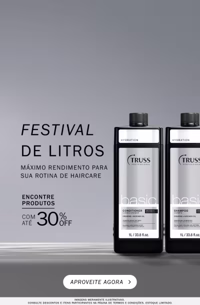 Dois frascos de shampoo e condicionador de 1L, divulgando a promoção "Festival de Litros" com até 30% de desconto.