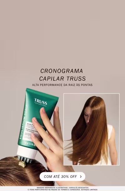 O banner destaca a alta performance do cronograma capilar Truss com ate 30% de desconto.