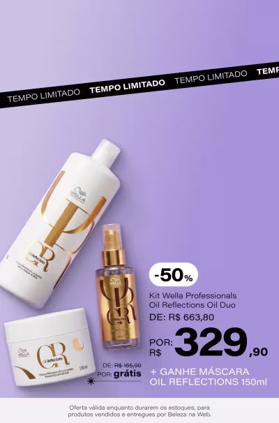 Kit Wella Professionals Oil Reflections Oil Duo (2 Produtos) De: R$ 663,8 Por: R$ 329,9 Selo: 50% OFF + Ganhe Máscara Oil Reflections 150ml *Vendidos e entregues por Beleza na Web