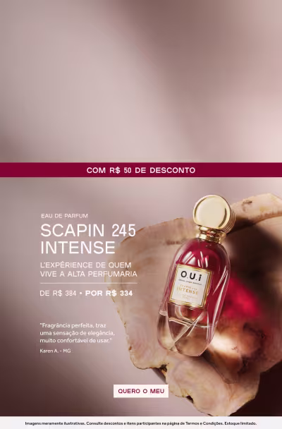Frasco de Scapin 245 intense com desconto de R$ 50. O produto é apresentado como, uma experiência de alta perfumaria.