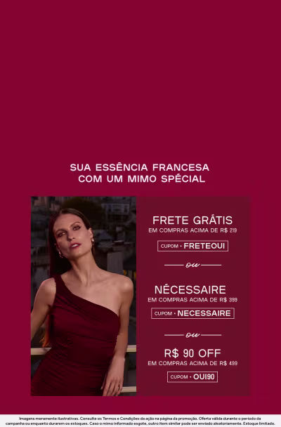 Mulher com vestido vermelho de um ombro só com fundo de paisagem em Paris, sobre fundo vermelho, comunicando promoção de "Escolha seu Mimo".