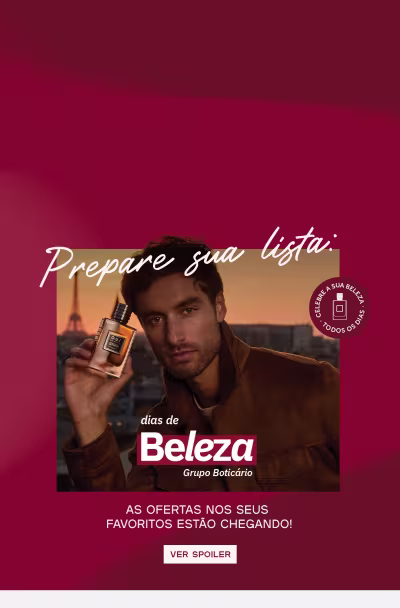 Imagem de um homem segurando um frasco de fragrância em uma paisagem urbana com a Torre Eiffel, sobre fundo vermelho.