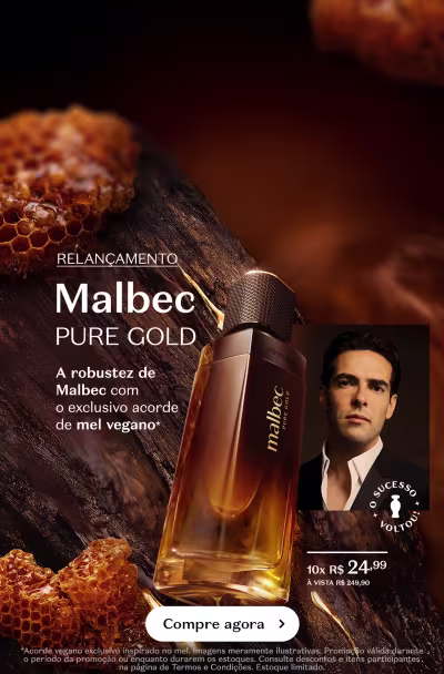 O banner apresenta um frasco de Malbec Pure Gold, um produto de beleza, com uma imagem de um homem em um fundo escuro. O texto destaca as características do produto e oferece uma promoção.