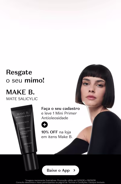 O banner apresenta uma mulher com cabelo escuro e curto, segurando um produto da marca Make B. Há também um código QR e informações sobre um desconto na loja da marca.