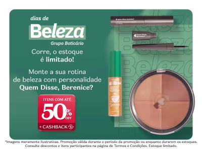 O banner apresenta uma variedade de produtos de beleza, incluindo um desodorante, uma máscara de cílios e um produto de maquiagem em embalagem circular. A imagem também destaca uma promoção com até 50% de desconto e cashback.