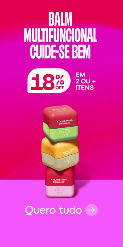 Promoção de "Balm Multifuncional" com 18% de desconto em compras de 2 ou mais itens. A imagem mostra embalagens coloridas.