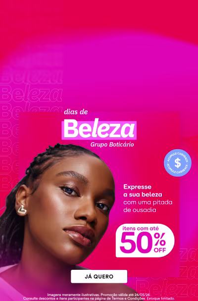 O banner apresenta uma mulher e texto destacando uma promoção de "Dias de Beleza" com até 50% de desconto em produtos.