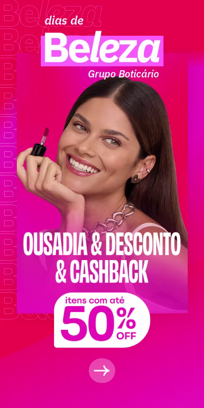 O banner apresenta uma modelo sorrindo e segurando um produto de beleza. O texto destaca promoções de até 50% de desconto.