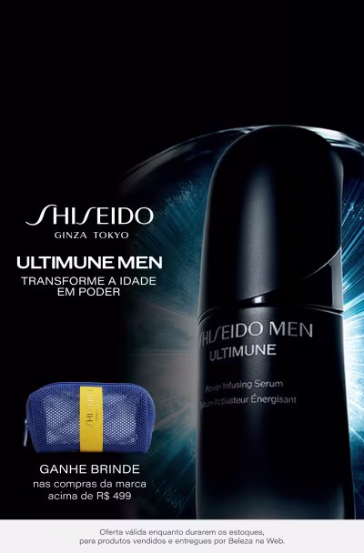 O banner apresenta um frasco de sérum da linha Ultimune Men da Shiseido, com uma esfera azul brilhante ao fundo. O texto destaca que o produto "transforma a idade em poder".