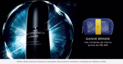 O banner apresenta um frasco de sérum da linha Ultimune Men da Shiseido, com efeitos visuais de luzes e ondas azuladas ao redor. Abaixo, há informações sobre uma oferta promocional com um brinde.