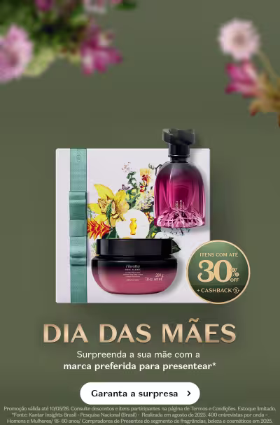 Fundo verde com flores desfocadas anunciando o Dia das Mães mostrando uma caixa de presente personalizada com um Floratta