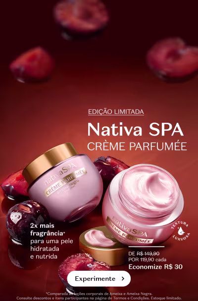 Creme Corporal Nativa SPA em frasco rosa com tampa dourada e elementos botânicos.