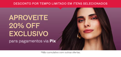 O banner apresenta uma mulher com cabelos escuros e maquiagem suave, com texto destacando um desconto exclusivo de 20% para pagamentos via Pix em itens selecionados.