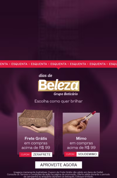 De um lado, uma mão segurando uma caixa de presente e do outro, outra segurando um batom, sobre fundo roxo comunicando a promoção Escolha seu Cupom no Esquenta Dias de Beleza.