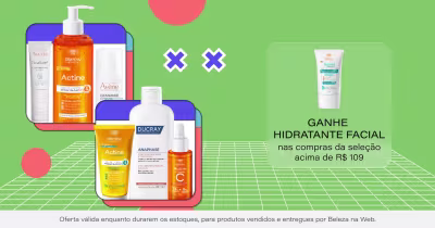 O banner apresenta uma seleção de produtos de cuidados com a pele da marca Ducray, incluindo um protetor solar, um shampoo e um gel de limpeza. Também são exibidos os logos de outras marcas de cosméticos como Avene e Darrow.