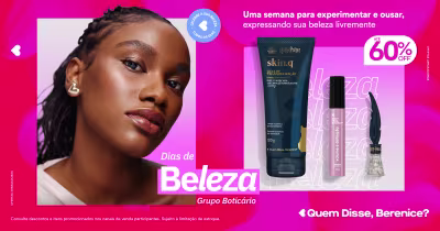 O banner apresenta uma modelo com pele escura e cabelos trançados, com uma expressão suave. Ao lado, há imagens de produtos de beleza do Grupo Boticário, incluindo uma máscara de cílios e uma loção corporal.