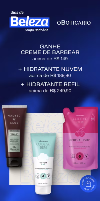 O banner apresenta produtos de beleza e cuidados pessoais do Grupo Boticário, incluindo um creme de barbear, um hidratante corporal e um refil de hidratante. Os produtos são exibidos junto com suas respectivas informações de preço.