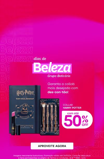 O banner apresenta uma promoção de "Dias de Beleza", com destaque para um produto da coleção Harry Potter com 50% de desconto