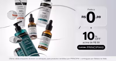 Diversos produtos da marca Principia, incluindo protetores solares, séruns faciais e um gel de limpeza. Há informações sobre o frete gratuito e um cupom de 10% de desconto acima de R$99.