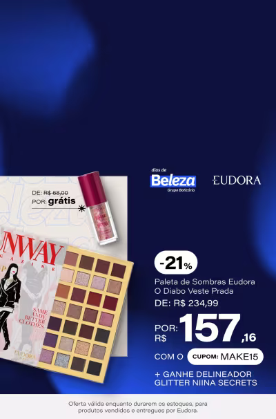 Eudora Make O Diabo Veste Prada Runway Magazine - Paleta de Sombras 28g De: R$ 234,99 Por: 184,90 (R$157,16 com cupom) Selo: 21% OFF + Ganhe 15% OFF Extra + Ganhe Delineador Niina Secrets *Vendido e Entregue por Eudora
