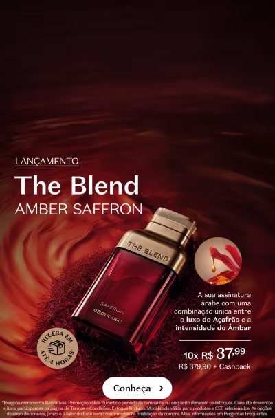 O anúncio apresenta uma garrafa de perfume da linha The Blend, com o nome "Amber Saffron", em um fundo com efeitos de luz e cores quentes, sugerindo uma fragrância oriental e sofisticada.