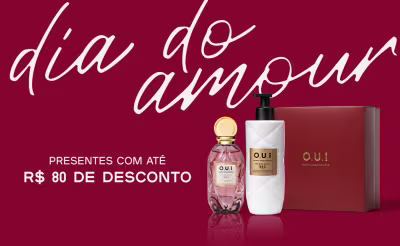 Kit de Presente O.U.i. com Eau de Parfum, Loção Corporal e caixa de presente, sobre fundo vermelho e letras brancas comunicando o "Dia do Amor".