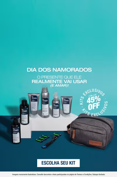 O banner apresenta a imagem de kits com um fundo azul e texto destacando promoção de até 45% off em kits exclusivos!