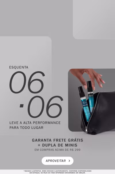 Nécessaire preta com dois produtos em miniatura e uma mão segurando um deles, sobre fundo cinza. Comunicando o esquenta 06/06.