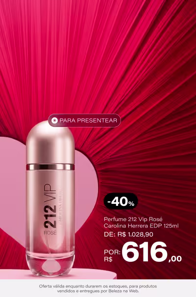 212 Vip Rosé Carolina Herrera Eau De Parfum - Perfume Feminino 125ml De: R$1.028,90 Por: R$ 616,0 *Selo: 40% OFF *Vendidos e entregues por Beleza na Web