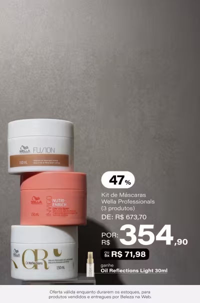 Kit Wella Professionals Cronograma Capilar Antiquebra (3 Produtos) De: R$ 673,7 Por: R$ 354,9 Selo: 47% OFF + Ganhe Oil Reflections 30ml *Vendidos e entregues por Beleza na Web