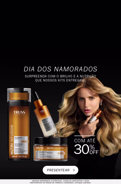Mulher loira, vestindo vestido com textura de couro, ao lado de dois frascos de produtos TRUSS, sobre fundo preto comunicando seleção com até 30% de desconto.