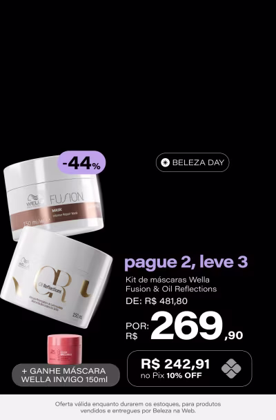 Kit Wella Professionals Fusion & Oil Reflections Duo Mask (2 Produtos) de: R$481,80 por: R$269,90 *Selo: 44%  ou R$ 242,91 no Pix (10% OFF) +  Máscara Capilar 150ml *Vendidos e entregues por Beleza na Web