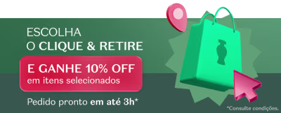 Imagem de um banner promocional verde e rosa com uma sacola de compras verde e um cursor de mouse rosa. O texto informa "Escolha o clique & retire e ganhe 10% OFF em itens selecionados" e "Pedido pronto em até 3h*".