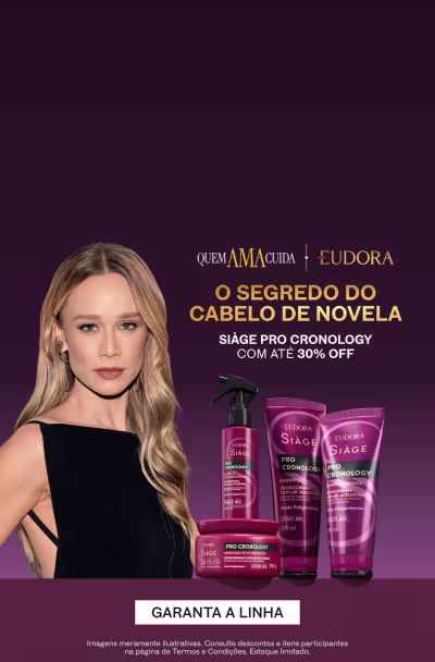 Linha Siage Pro Cronology da Eudora, com até 30% de desconto. A imagem apresenta uma mulher loira com cabelos longos e maquiagem. O texto destaca que a linha é "o segredo do cabelo de novela".