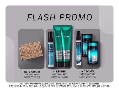 Banner com fundo cinza com frascos de produtos Travel Size da marca TRUSS. Com descrição "Flash Promo", ganhe frete grátis acima de R$ 99 + 3 Travel Size acima de R$ 349 + 3 travel Size nas compras acima de R$ 399.