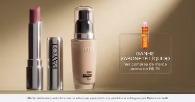 A imagem apresenta três produtos da marca Payot: um batom rosa, uma base com retinol e um spray. Abaixo, há uma oferta de um sabonete líquido com 79% de desconto.