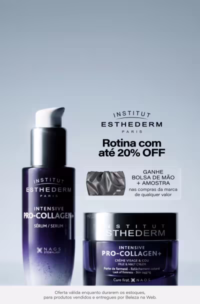 Imagem de um anúncio da marca Institut Esthederm, apresentando dois produtos da linha Pro-Collagen+: um sérum e um creme. O anúncio destaca uma oferta de 20% de desconto na rotina com esses produtos. Também há uma bolsa de mão como brinde nas compras acima de determinado valor.