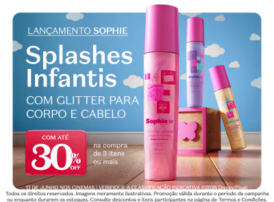 Imagem com fundo azul com nuvens brancas, apresentando produtos da linha Sophie da marca Boticário, incluindo um desodorante colônia, um body splash e um creme corporal, com a promoção de 30% de desconto na compra de 3 ou mais itens.