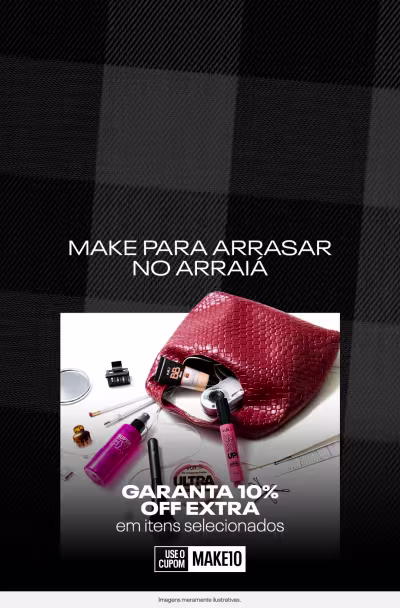 Bolsa vermelha de couro com diversos itens de maquiagem, como pincéis, esmalte, perfume e outros cosméticos. Garanta 10% de desconto extra em itens selecionados com o cupom MAKE10.