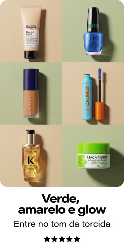 Coleção de produtos de beleza: tubo bege, esmalte azul, base dourada, máscara de cílios azul, óleo dourado e gel verde.
