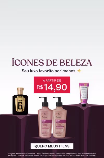 Imagem com pack de produtos Eudora em um palanque. Em texto: Ícones de Beleza. Seu luxo favorito por menos. Selo: a partir de R$14,90.