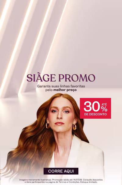 Mulher de cabelos longos e ruivos, com um olhar sério. Em texto: Siàge Promo. Garanta suas linhas favoritas pelo menor preço. Selo: até 30% de desconto.