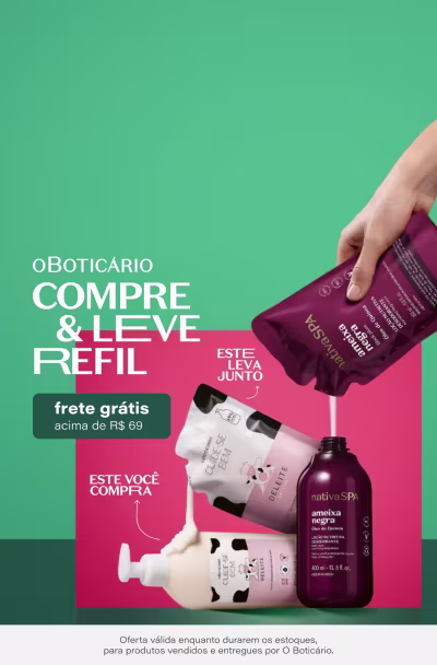 Imagem de um banner promocional da marca Boticário, com fundo verde e destaque para produtos da linha Esteleva Junto. O banner apresenta uma mão segurando um frasco de produto da linha, com a mensagem "Este você compra" e informações sobre frete grátis acima de R$69,00.