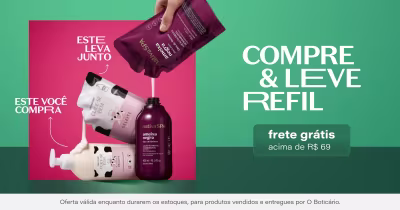 Imagem de um banner promocional da marca Boticário, com fundo verde e destaque para produtos da linha Esteleva Junto. O banner apresenta uma mão segurando um frasco de produto da linha, com a mensagem "Este você compra" e informações sobre frete grátis acima de R$69,00.