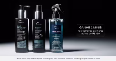 A imagem apresenta os produtos da marca Truss Professional, incluindo um condicionador, um shampoo e um spray reconstrutor. Há uma promoção de até 20% de desconto nas maiores volumetrias de produtos de tratamento de cabelos com fragrância de limão. Além disso, a promoção inclui 2 miniaturas, 1 mini máscara e 1 mini spray reconstrutor.