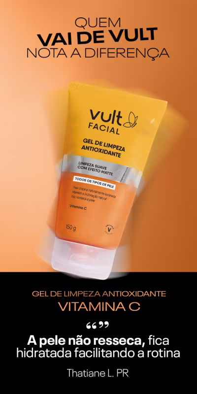 O anúncio apresenta um produto da marca Vult, um gel de limpeza antioxidante com vitamina C. A embalagem do produto é mostrada com informação "Gel de Limpeza Antioxidante Vitamina C" destacados.