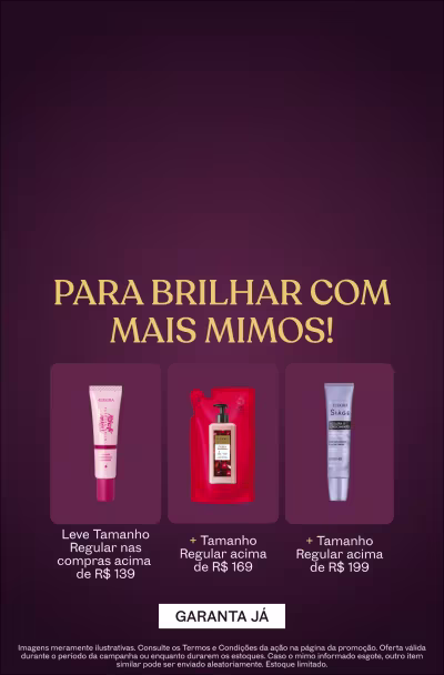 Três imagens ilustrativas de mimos sobre fundo roxo comunicando a promoção progressiva: quanto mais você compra, mais mimos leva.